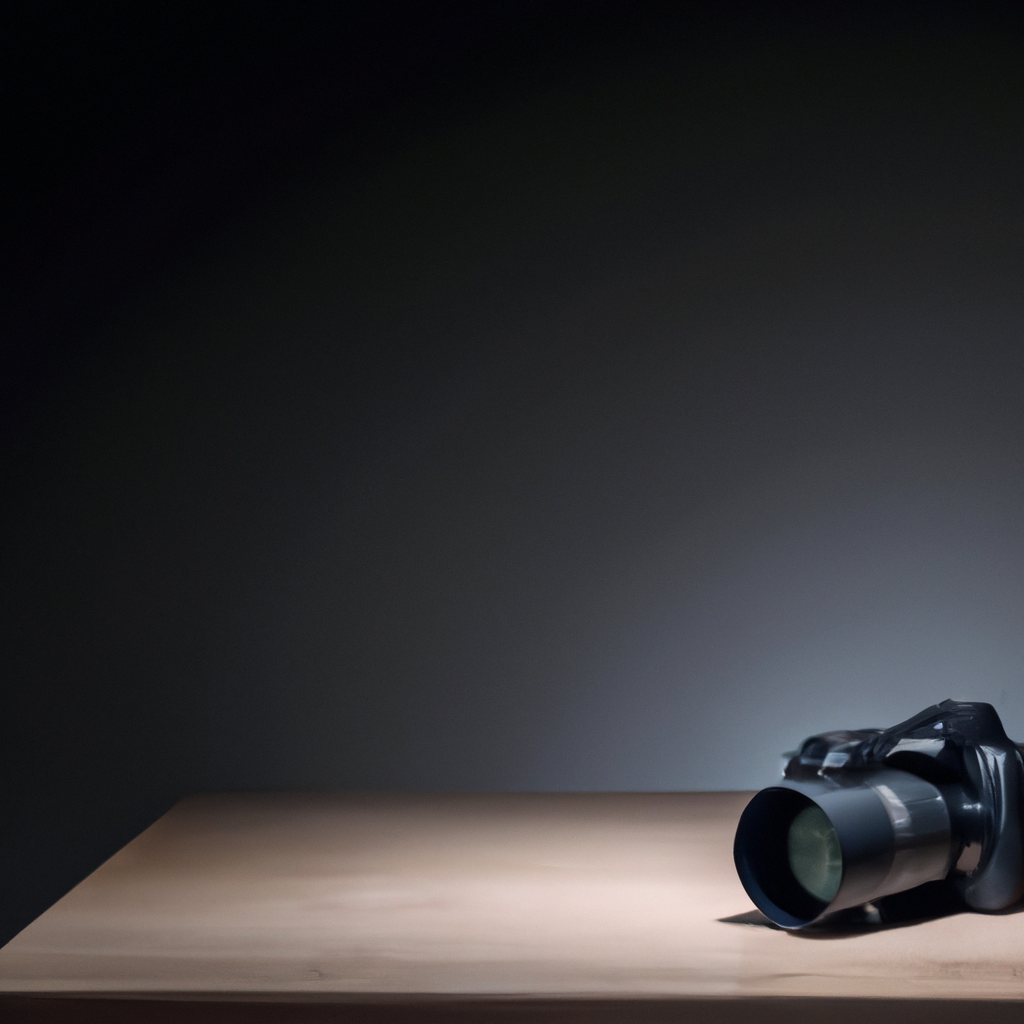 Estudio fotográfico profesional con mesa de madera oscura, lente y luz suave estilo bokeh en Santiago de Chile